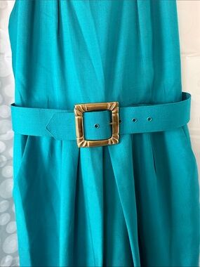 Gillian Vintage 100% Silk Teal Sleeveless  Dress w/ matching Gold Buckle Belt,12